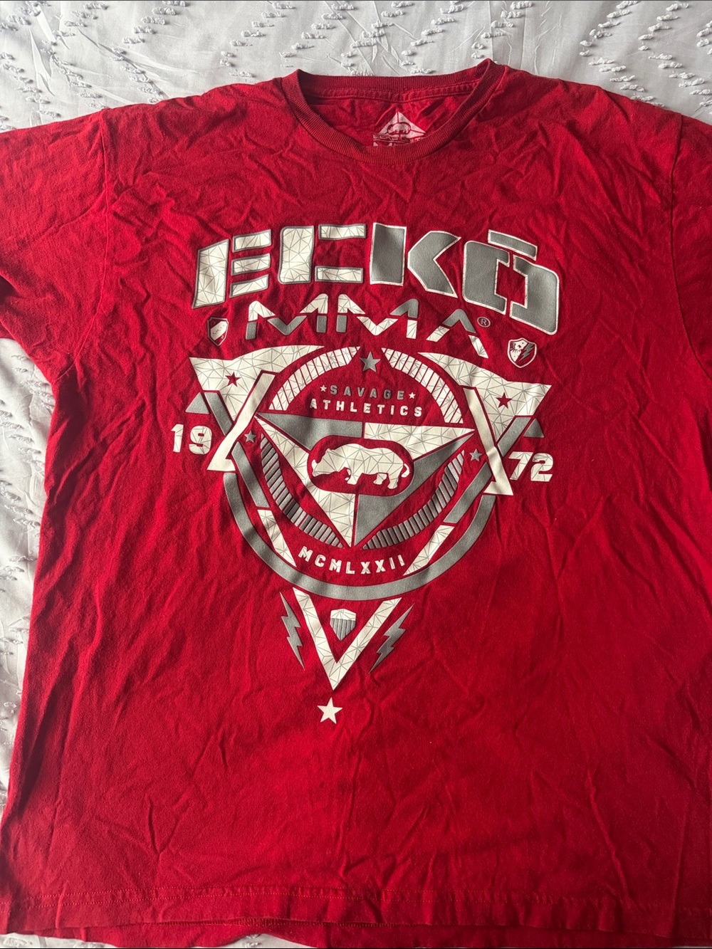 Ecko Unlimited Red Tee with Silver Geometric Rhino Graphic